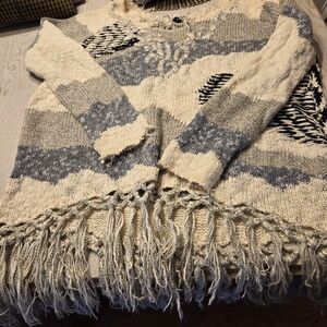 Fate Cream and Gray Striped Fringe Knit Sweater Small Excellent